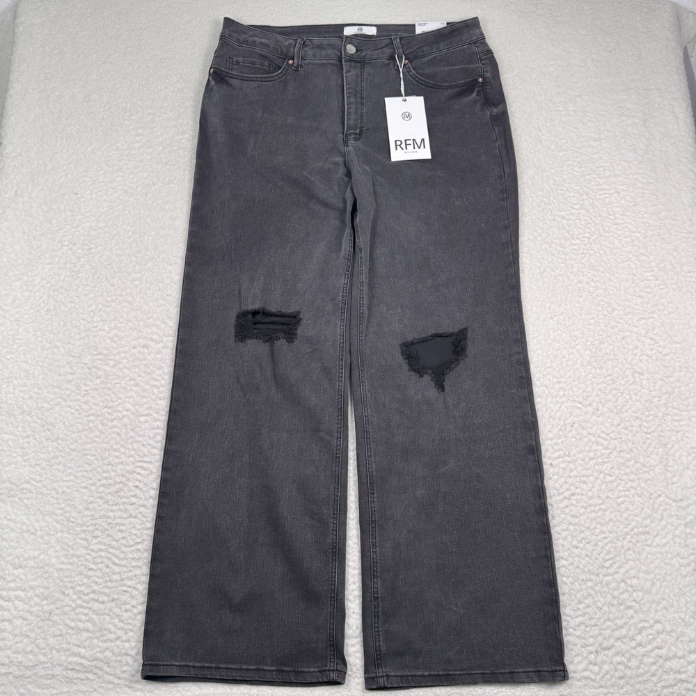 RFM Chloe Jeans Women 18 Wide Leg High Rise Black Distressed 36x32 NWT